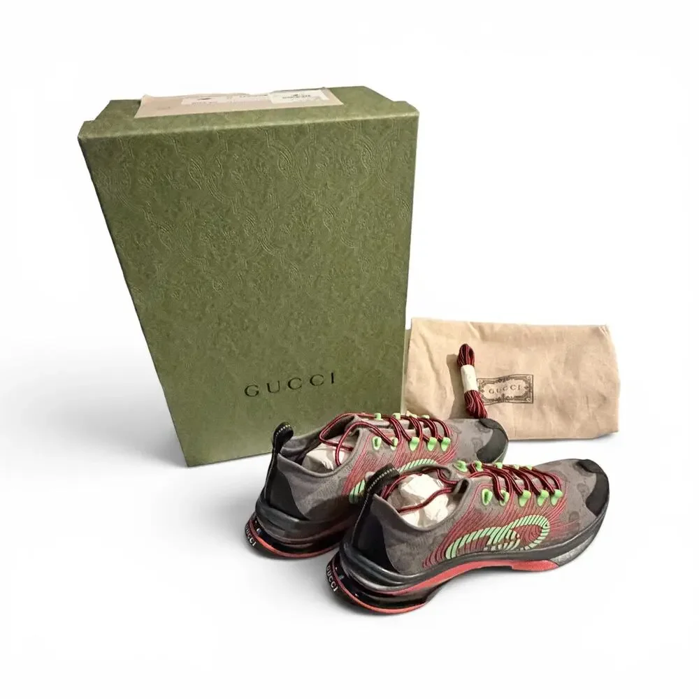 Gucci Ultrapace GG Monogram Canvas Low-Top Sneakers Grey Web Stripe Size 12 DS